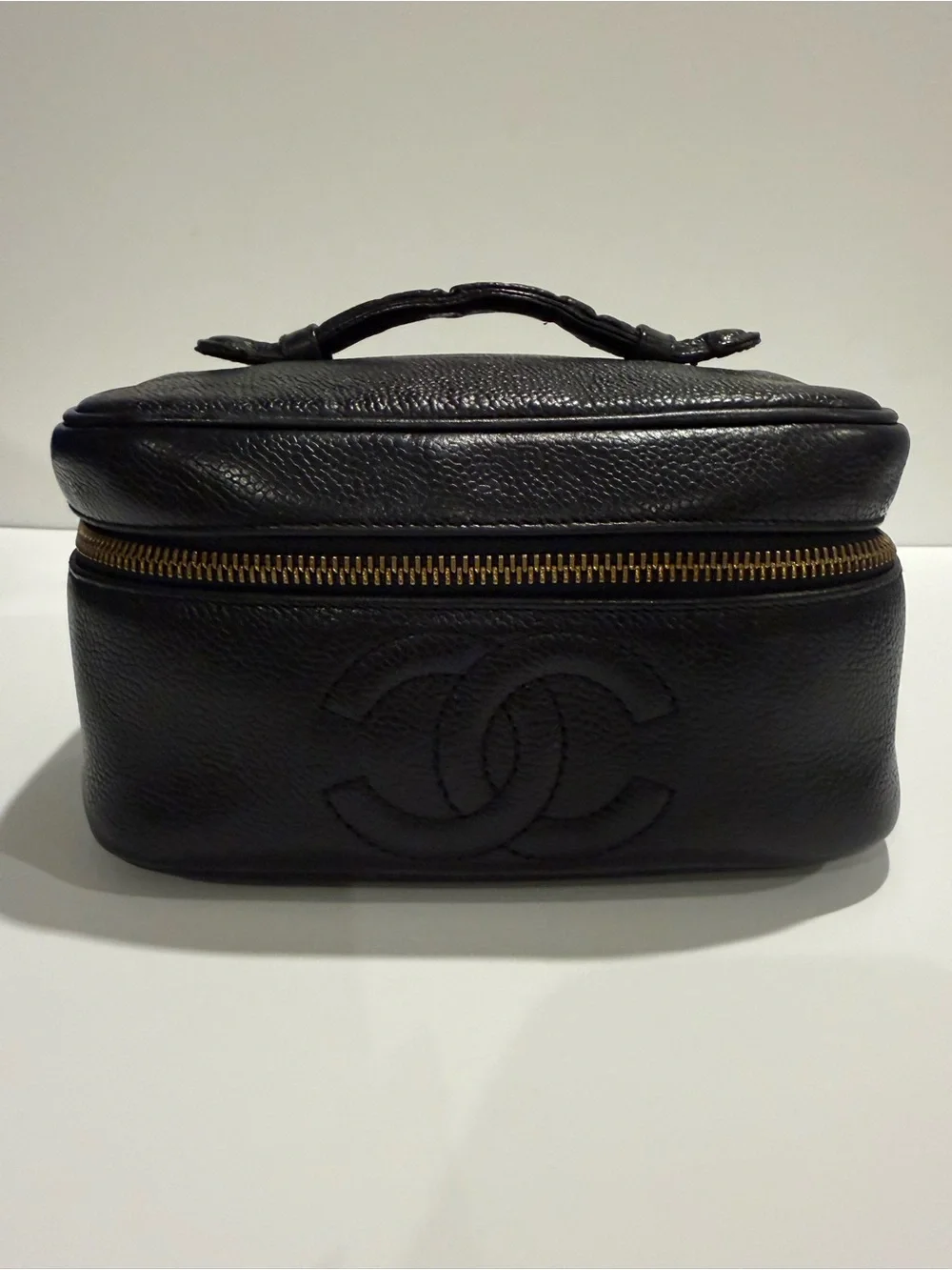 CHANEL Black Caviar Leather CC Embossed Cosmetic Pouch with Gold Zipper